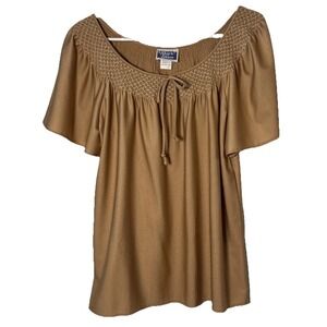 Vintage Ship'n Shore Qiana Nylon Blouse Womens 14 Tan Smocked Peasant Top